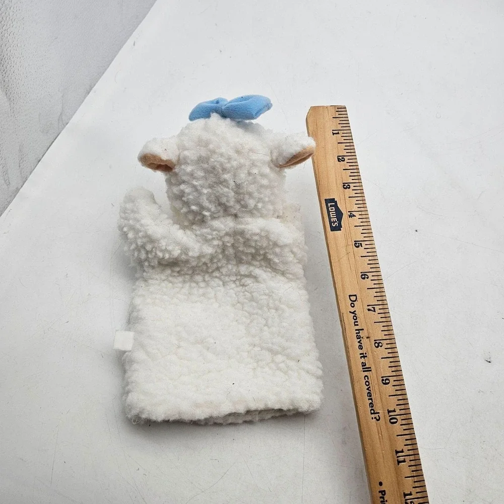 Lamb Hand Puppet Plush Stuffed Animal Toy Small White Blue Bow Soft Fleece Cute